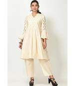 Cream Cotton Lace Work Bell Sleeves Womens Palazzo Set