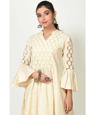 Cream Cotton Lace Work Bell Sleeves Womens Palazzo Set 2