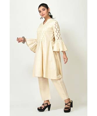 Cream Cotton Lace Work Bell Sleeves Womens Palazzo Set 3