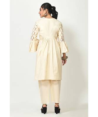 Cream Cotton Lace Work Bell Sleeves Womens Palazzo Set 4