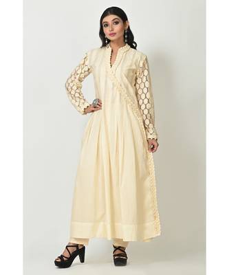 Cream Georgette Lace Work Full Sleeves Womens Anarkali Set 1