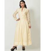 Cream Georgette Lace Work Full Sleeves Womens Anarkali Set