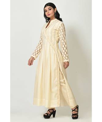 Cream Georgette Lace Work Full Sleeves Womens Anarkali Set 2