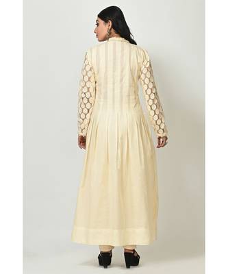 Cream Georgette Lace Work Full Sleeves Womens Anarkali Set 3