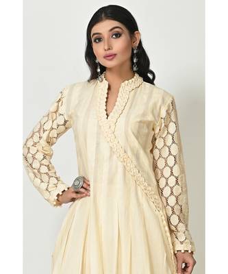 Cream Georgette Lace Work Full Sleeves Womens Anarkali Set 4