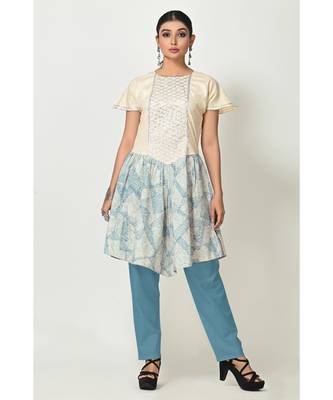 Cream,Sky Blue Cotton Printed Short Sleeves Womens Straight Pant Set 1