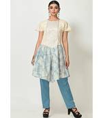 Cream,Sky Blue Cotton Printed Short Sleeves Womens Straight Pant Set