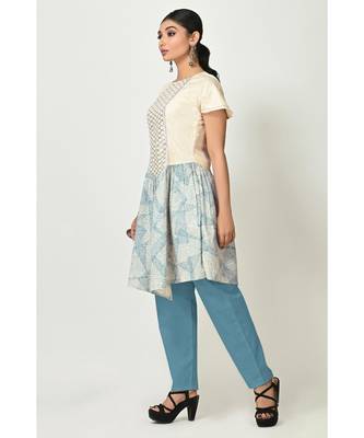 Cream,Sky Blue Cotton Printed Short Sleeves Womens Straight Pant Set 2