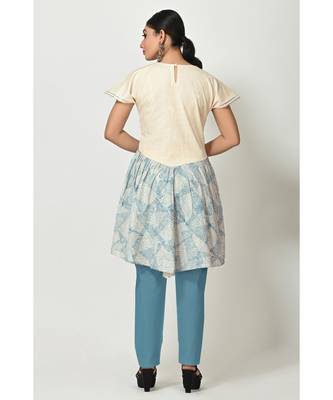 Cream,Sky Blue Cotton Printed Short Sleeves Womens Straight Pant Set 3