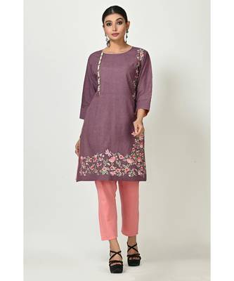 Violet Cotton Embroidered Quarter Sleeves Womens Straight Pant Set 1