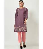 Violet Cotton Embroidered Quarter Sleeves Womens Straight Pant Set