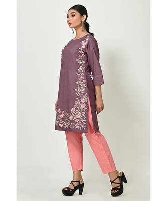 Violet Cotton Embroidered Quarter Sleeves Womens Straight Pant Set 2