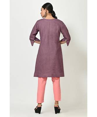 Violet Cotton Embroidered Quarter Sleeves Womens Straight Pant Set 3