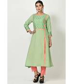 Deep Pista Green Cotton Lacd Work Quarter Sleeves Womens Straight Pant Set