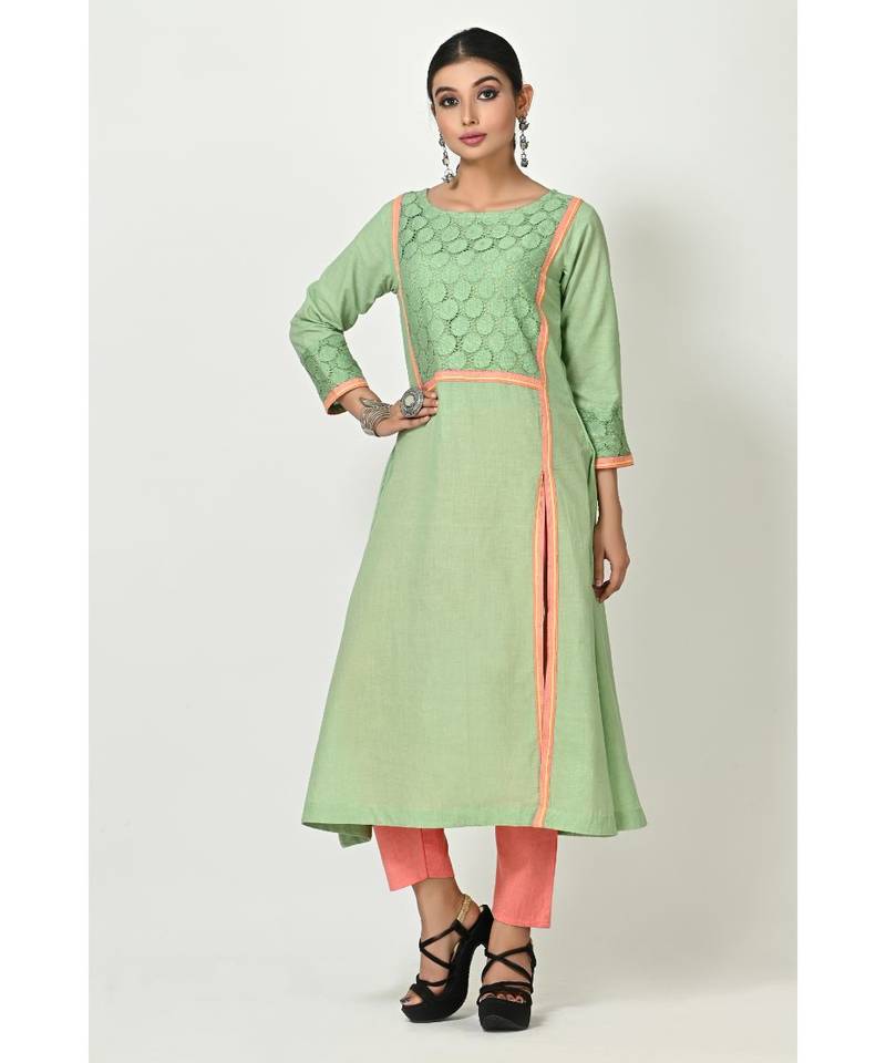 Deep Pista Green Cotton Lacd Work Quarter Sleeves Womens Straight Pant Set