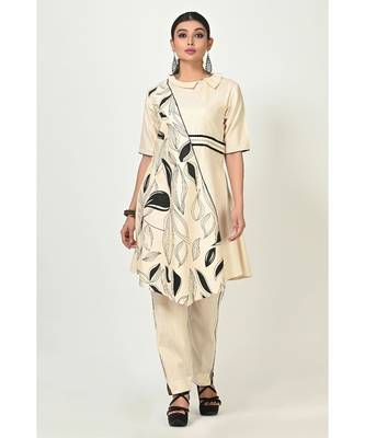 Off White Cotton Printed Elbow Sleeves Womens Straight Pant Set 1