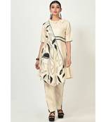 Off White Cotton Printed Elbow Sleeves Womens Straight Pant Set