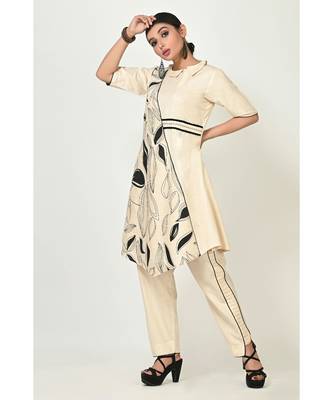 Off White Cotton Printed Elbow Sleeves Womens Straight Pant Set 2
