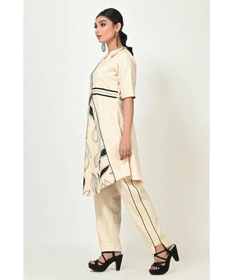 Off White Cotton Printed Elbow Sleeves Womens Straight Pant Set 3