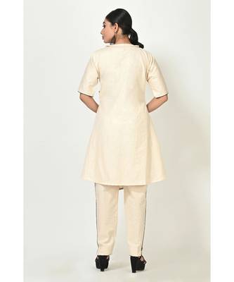 Off White Cotton Printed Elbow Sleeves Womens Straight Pant Set 4