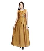 Mustard embroidered cotton long-kurtis