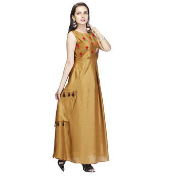 Mustard embroidered cotton long-kurtis 4
