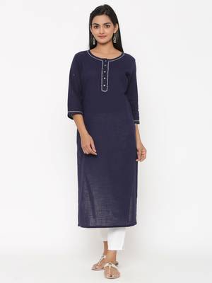 Navy Fusion Threads Zari Work Cotton Kurta Set for Women 1