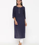 Navy Fusion Threads Zari Work Cotton Kurta Set for Women