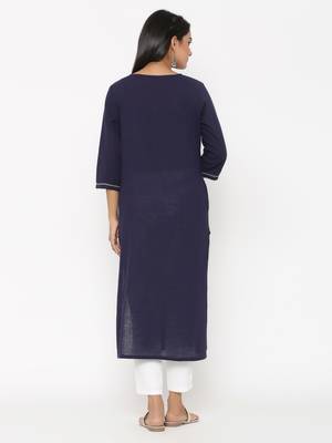 Navy Fusion Threads Zari Work Cotton Kurta Set for Women 2