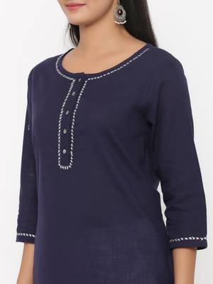 Navy Fusion Threads Zari Work Cotton Kurta Set for Women 4