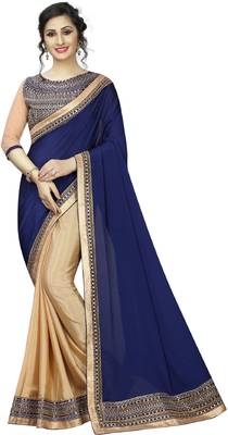 Navy Blue And Beige Vichitra Silk Embriodered Lace saree With Blouse Piece. 1