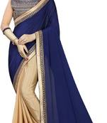 Navy Blue And Beige Vichitra Silk Embriodered Lace saree With Blouse Piece.