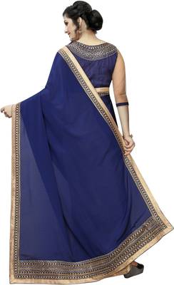 Navy Blue And Beige Vichitra Silk Embriodered Lace saree With Blouse Piece. 2