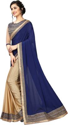 Navy Blue And Beige Vichitra Silk Embriodered Lace saree With Blouse Piece. 3