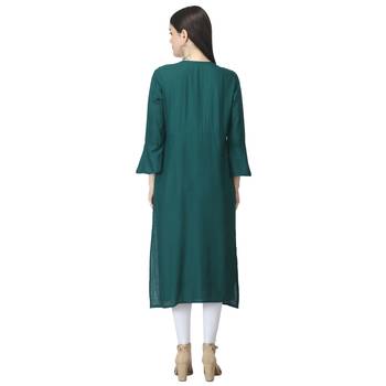 Green plain rayon long-kurtis 2