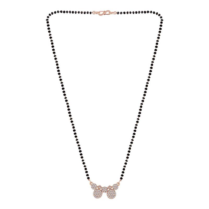 Rose Gold Plated Traditional Single Line American Diamond Pendant with Black Bead Chain Mangalsutra for Women