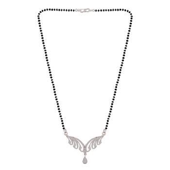 Rhodium Plated Traditional Single Line American Diamond Pendant with Black Bead Chain Mangalsutra for Women 3