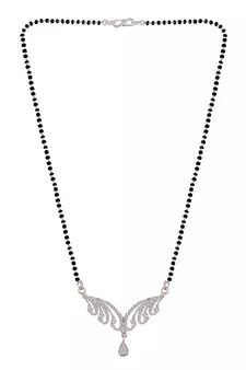 Rhodium Plated Traditional Single Line American Diamond Pendant with Black Bead Chain Mangalsutra for Women