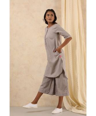 grey plain linen kurta sets 3