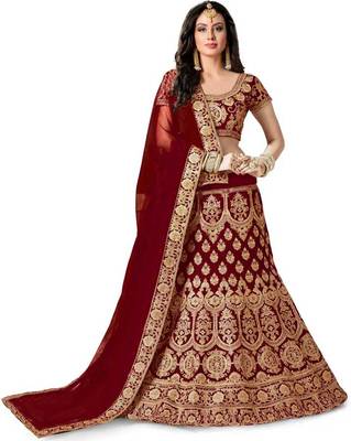 Maroon  Designer Partywear Embroidered Work Satin  Material Lehenga Choli 1