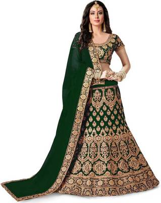 Green  Designer Partywear Embroidered Work Satin  Material Lehenga Choli 1