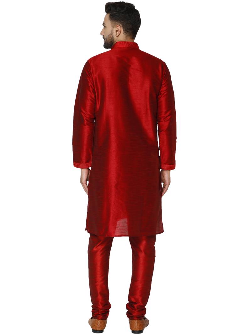Red embroidered art silk kurta-pajama
