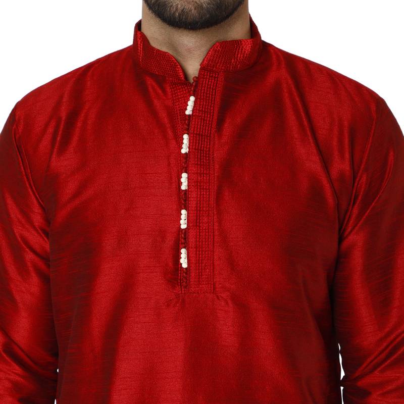 Red embroidered art silk kurta-pajama