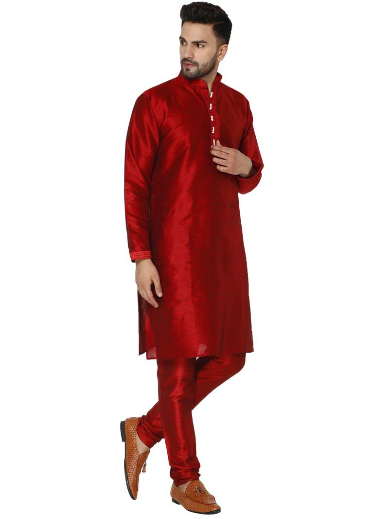 Red embroidered art silk kurta-pajama