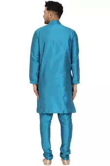 Turquoise embroidered art silk kurta-pajama