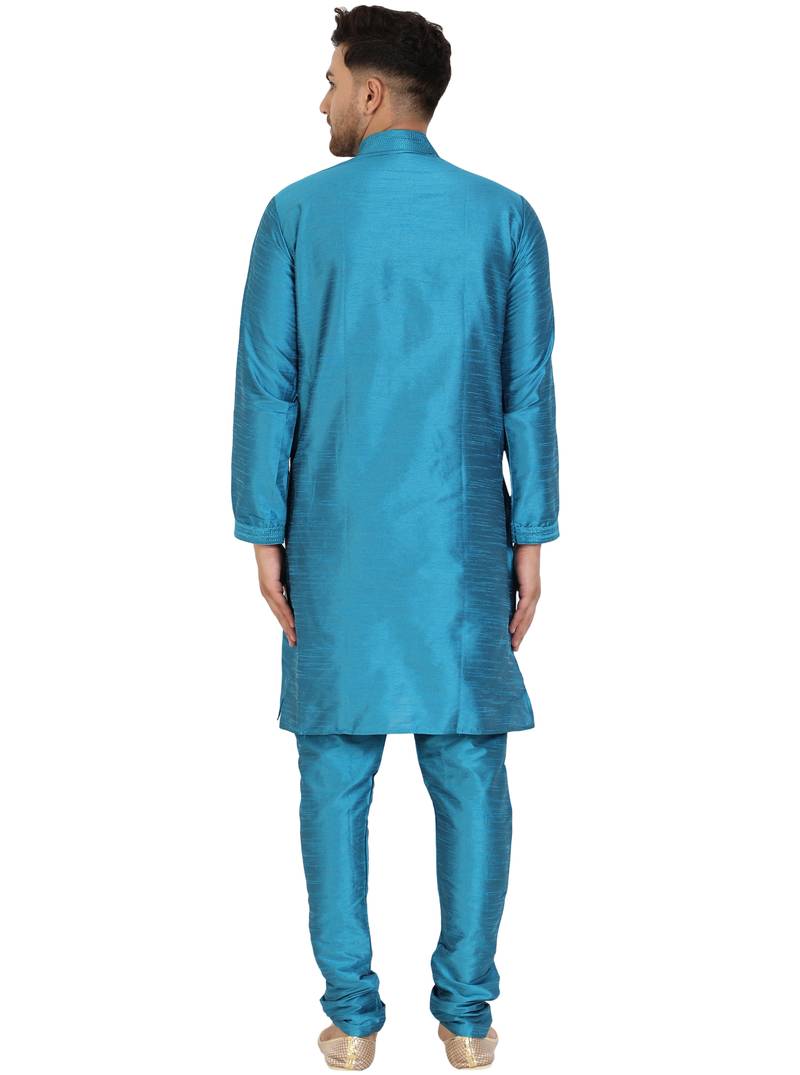 Turquoise embroidered art silk kurta-pajama
