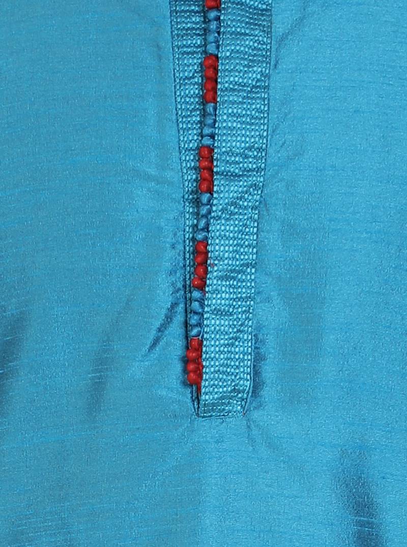 Turquoise embroidered art silk kurta-pajama