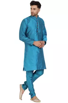 Turquoise embroidered art silk kurta-pajama