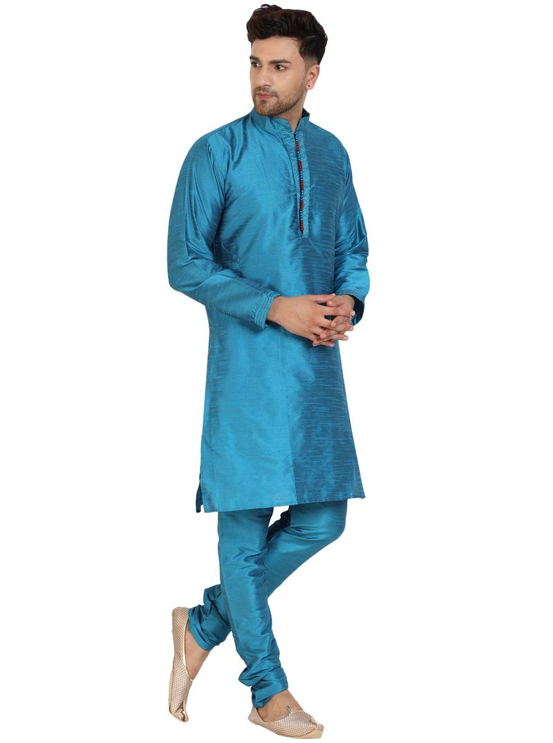 Turquoise embroidered art silk kurta-pajama