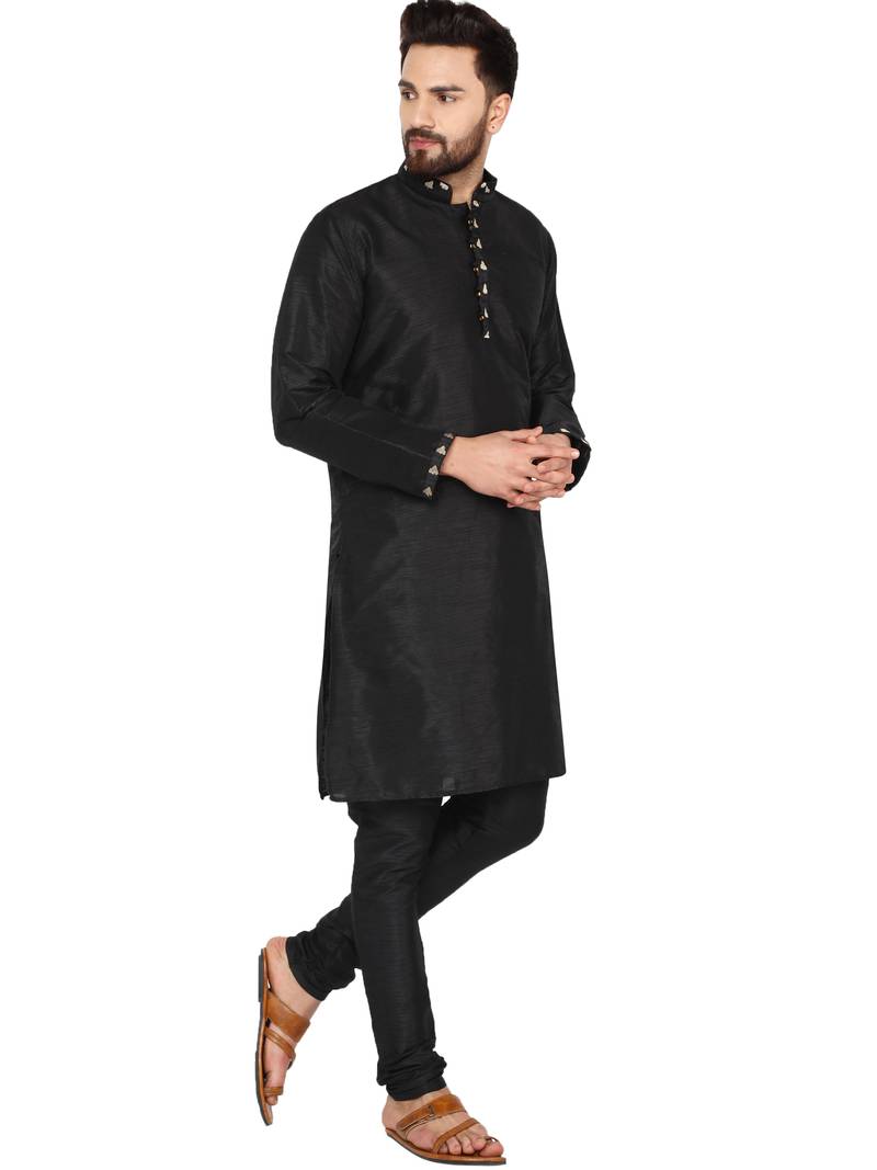 Black embroidered art silk kurta-pajama